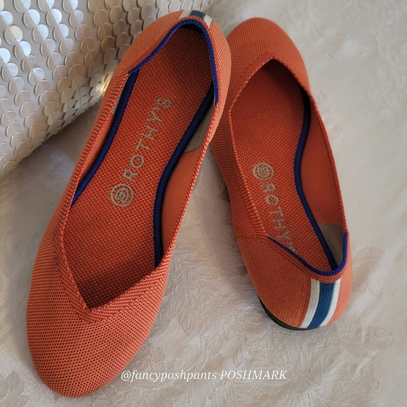 rare!ROTHY'S orange flats with blue and white stripe back mesh slip-on shoe - Picture 11 of 17